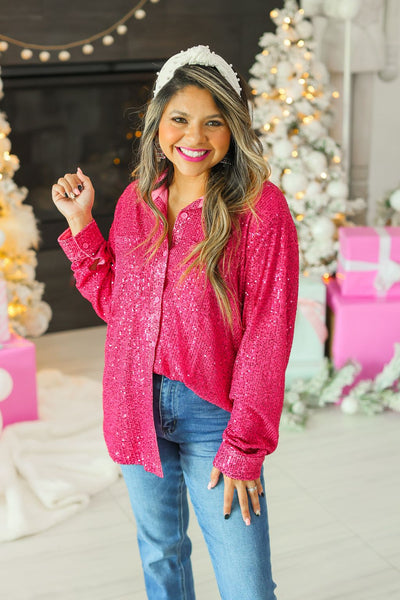 Kathryn Classic Button-Up, Hot Pink Sequin