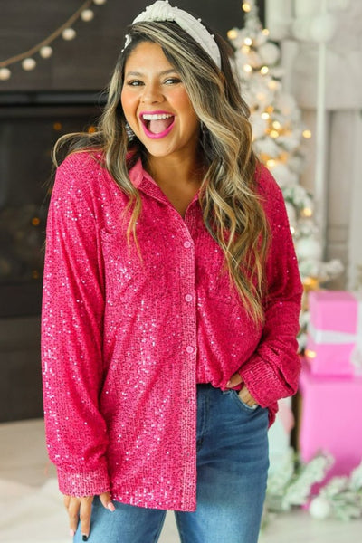 Kathryn Classic Button-Up, Hot Pink Sequin