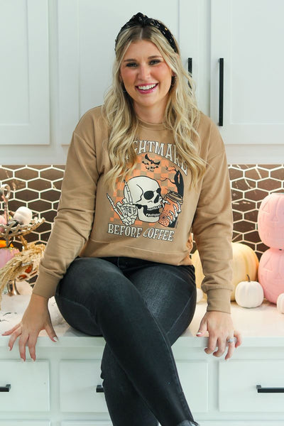 Nightmare Before Coffee on Tan Cropped Sweatshirt