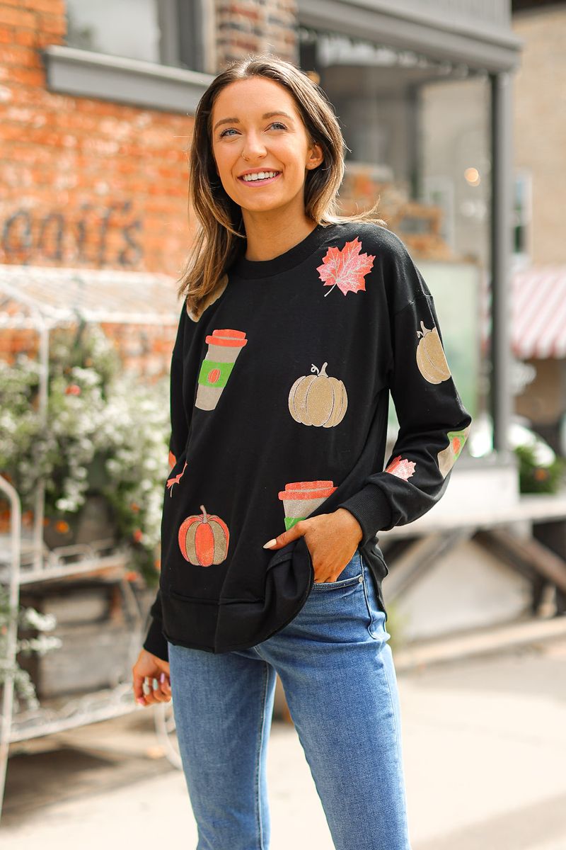 Glitter Fall Elements on Black Sweatshirt