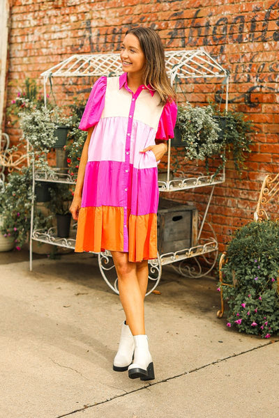 Pink Color Block Button-Up Dress