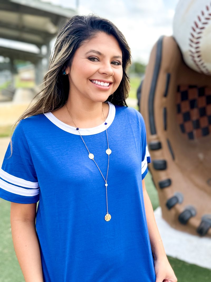 Gold Chain Baseball Charm Necklace with Blue and Pearl Beads