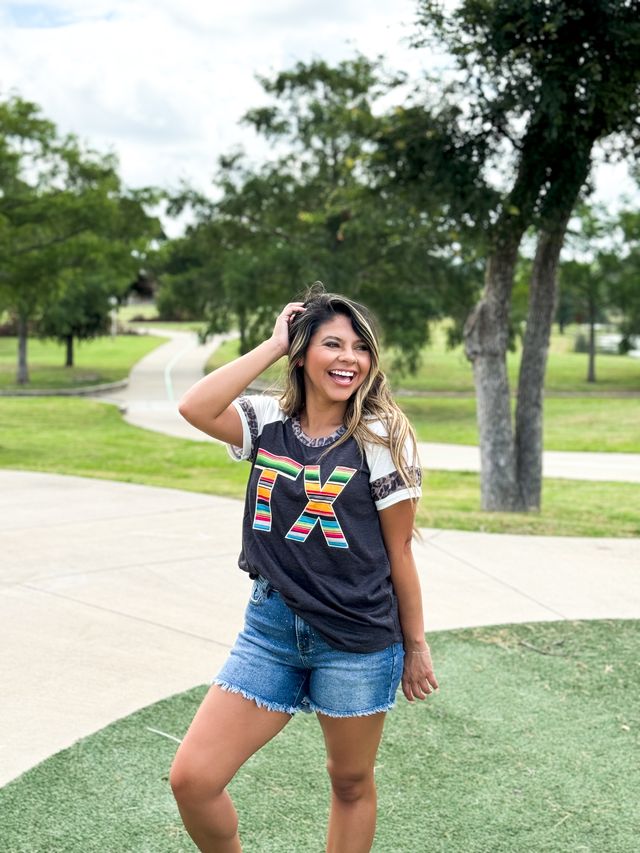 Serape TX on Grey Raglan with Leopard Accents