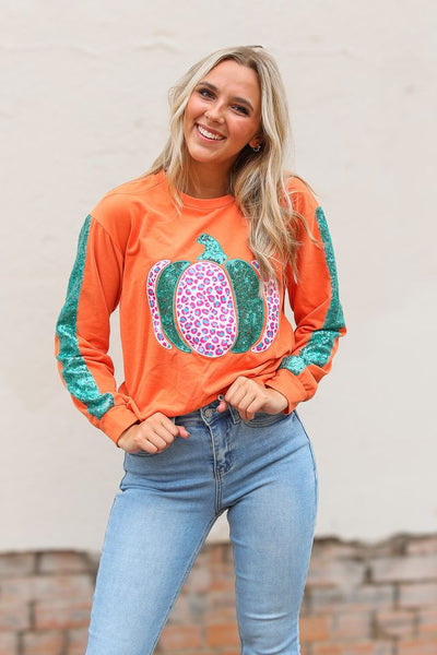 Orange Pumpkin Sequin Sleeve Sweatshirt