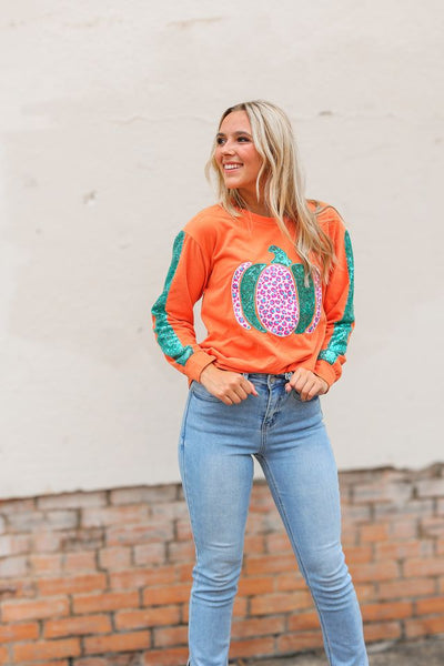 Orange Pumpkin Sequin Sleeve Sweatshirt