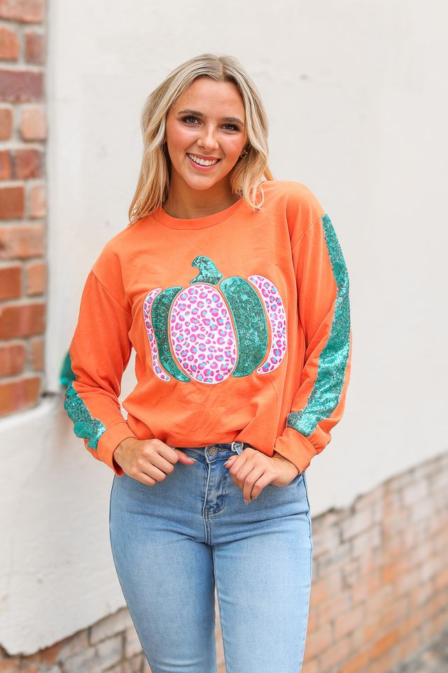 Orange Pumpkin Sequin Sleeve Sweatshirt