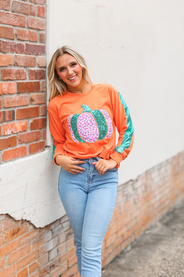 Orange Pumpkin Sequin Sleeve Sweatshirt