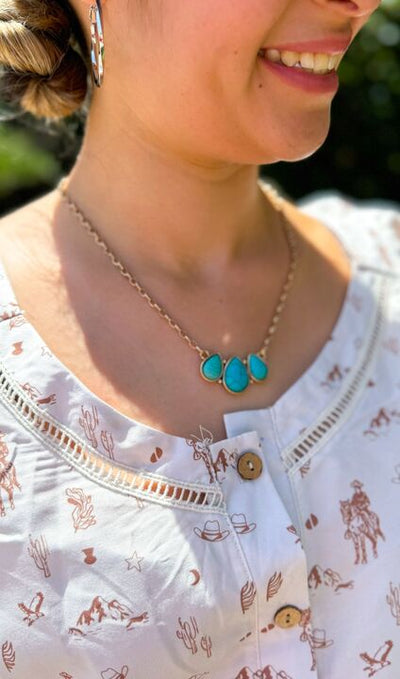 Gold and Turquoise Tri-Teardrop Pendant Dainty Necklace