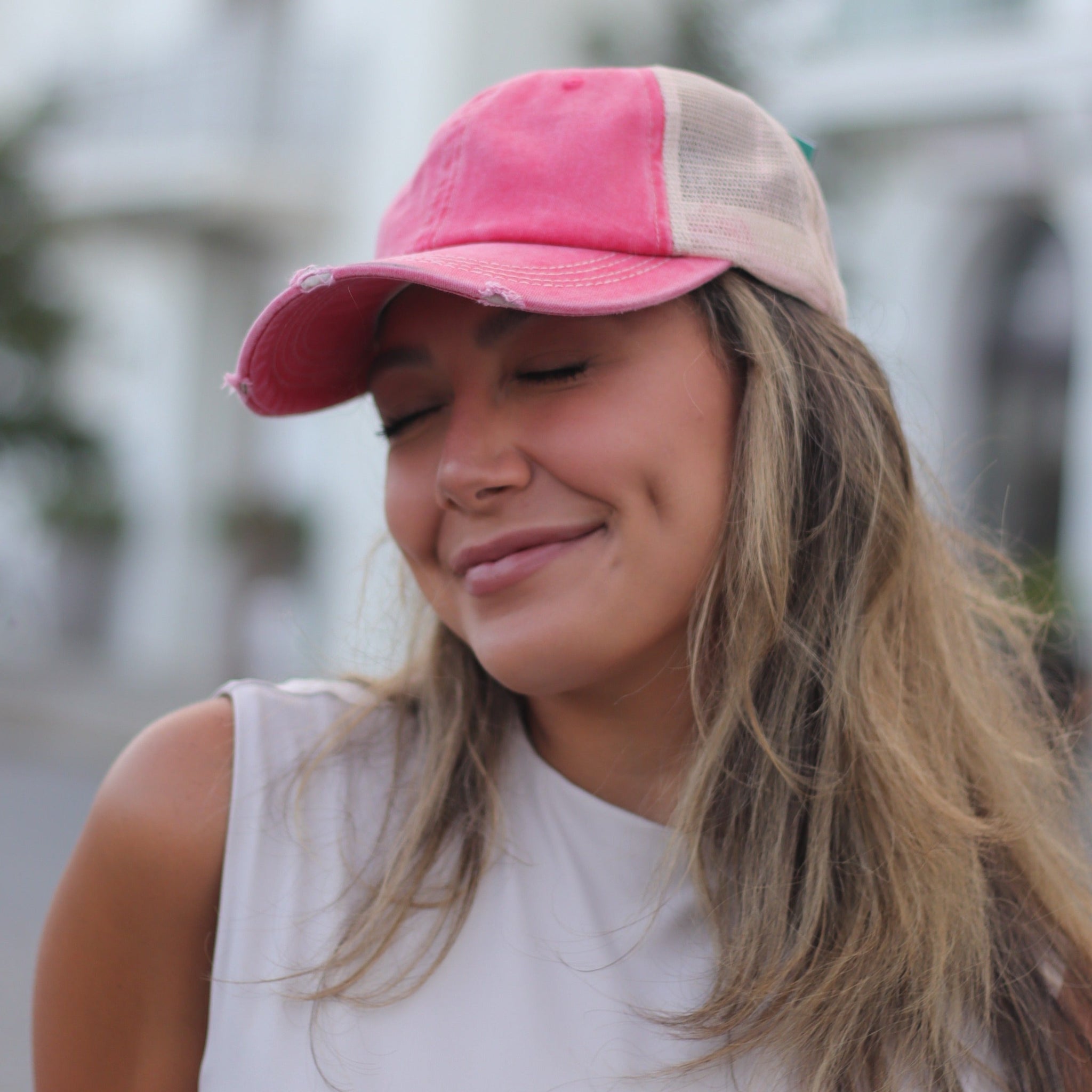 Coral Distressed Hat with Tan Mesh