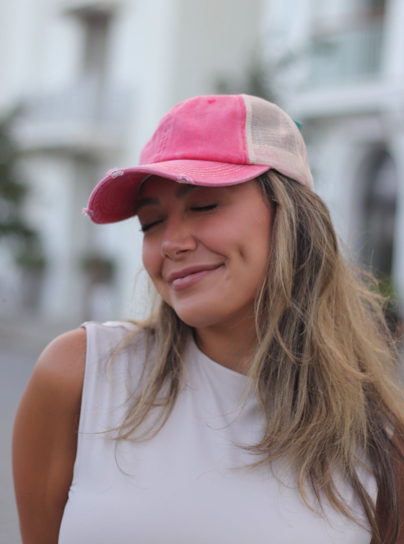Coral Distressed Hat with Tan Mesh