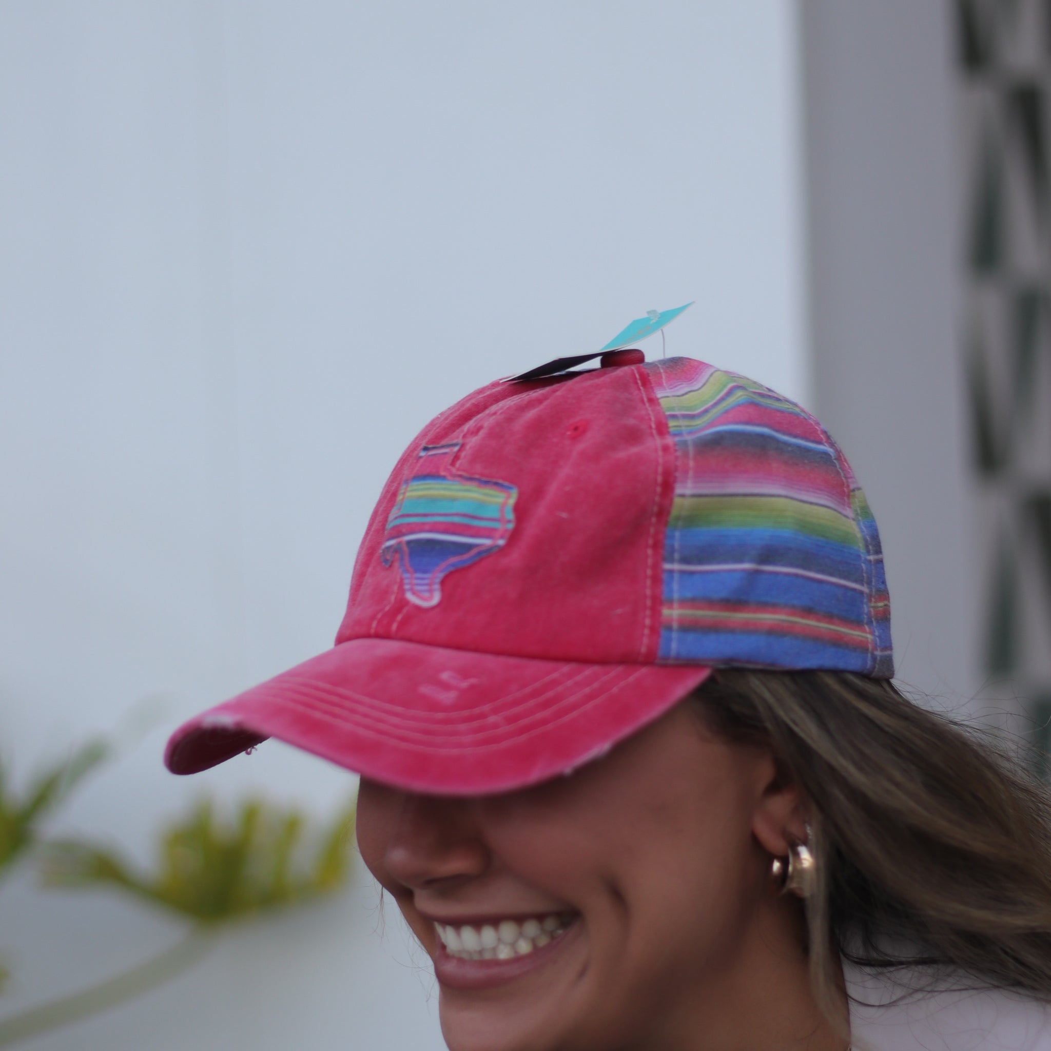 Embroidered Serape Texas on Bright Red Hat with Serape Fabric