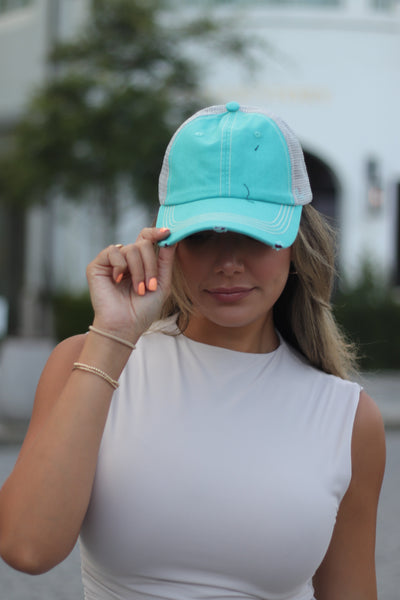 Turquoise Distressed Hat with Grey Mesh