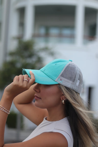 Turquoise Distressed Hat with Grey Mesh