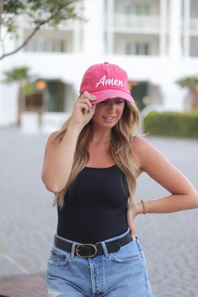 White Amen Embroidery on Bright Red Hat