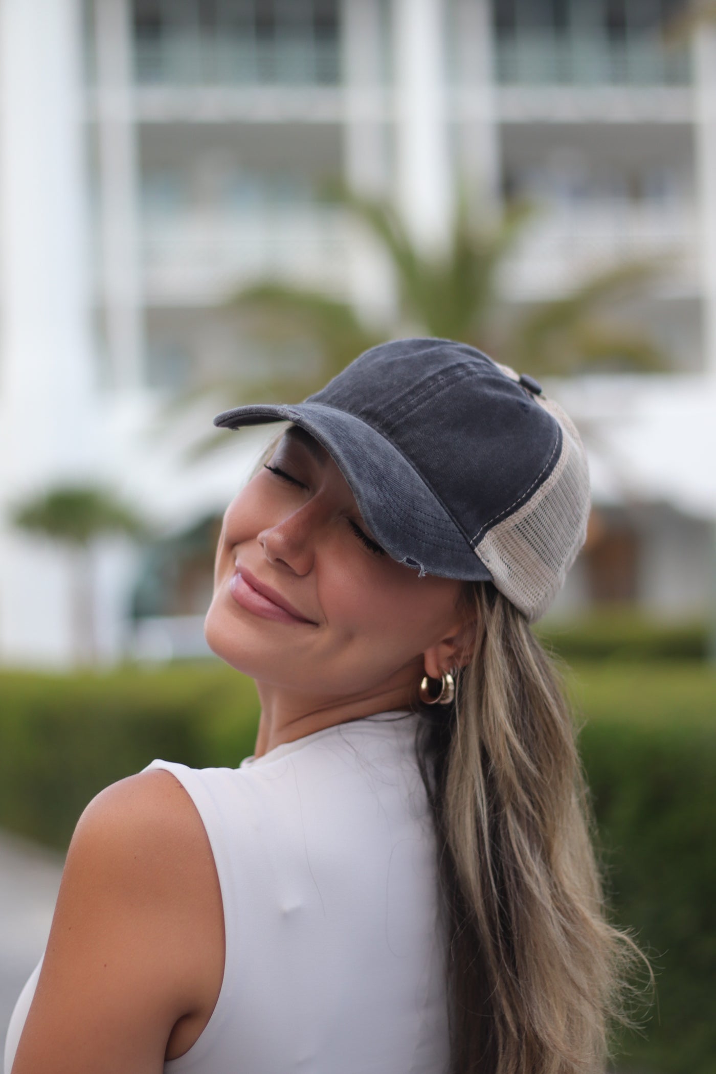 High Ponytail Charcoal Hat with Beige Mesh