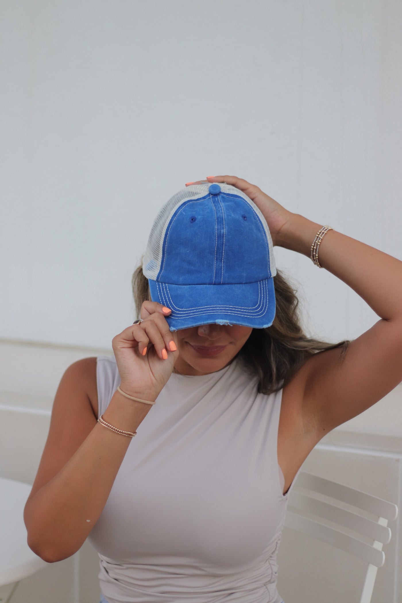 Blue Distressed Hat with Tan Mesh