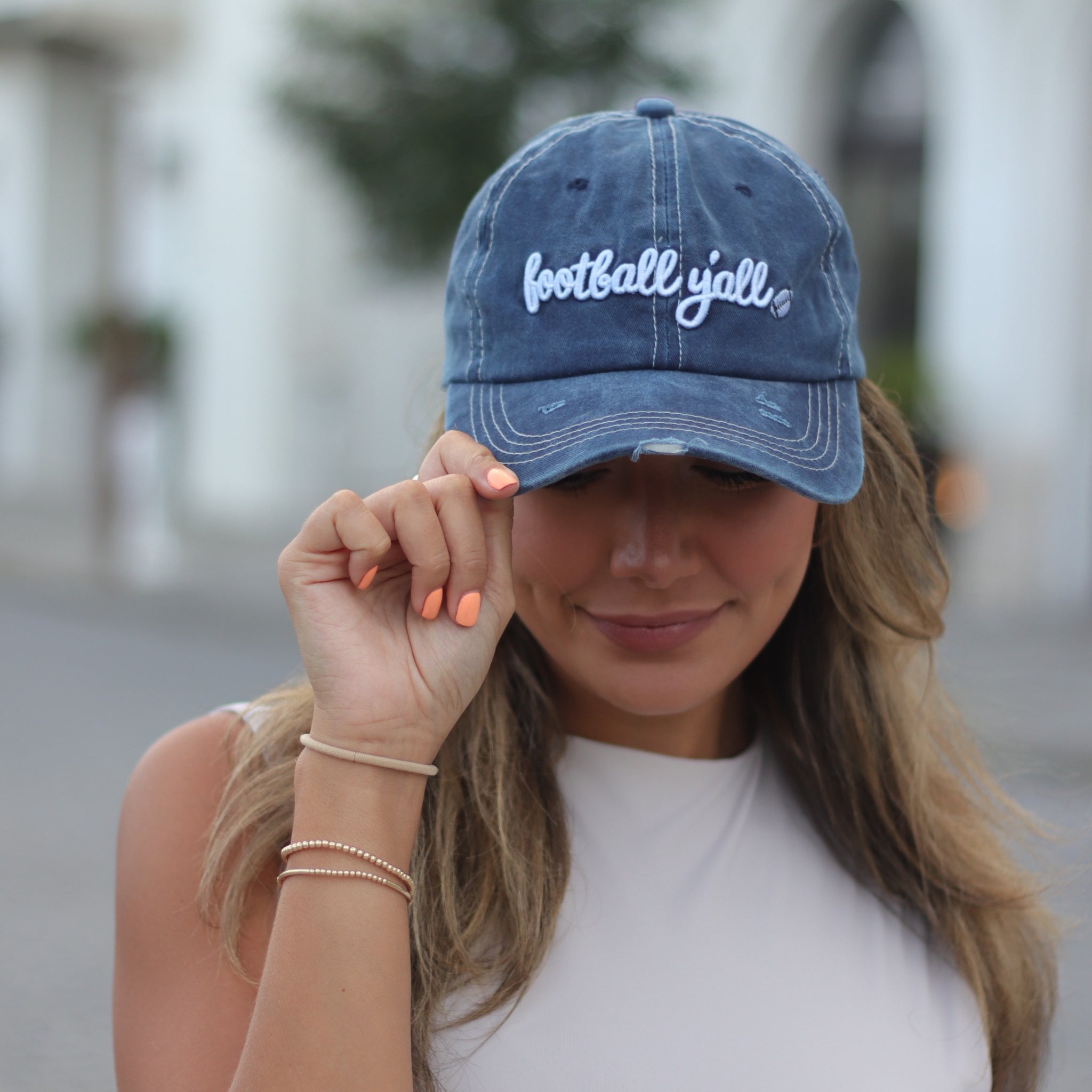 White Football Y'all Embroidery on Navy Hat