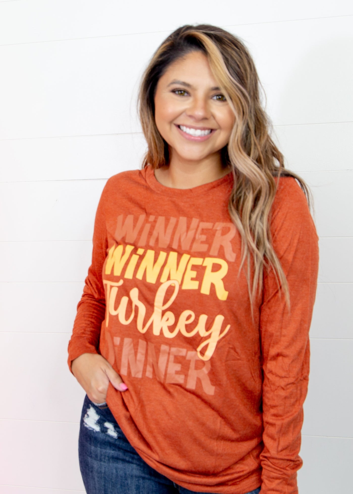 Winner Winner Turkey Dinner on Long Sleeve Tee, Burnt Orange