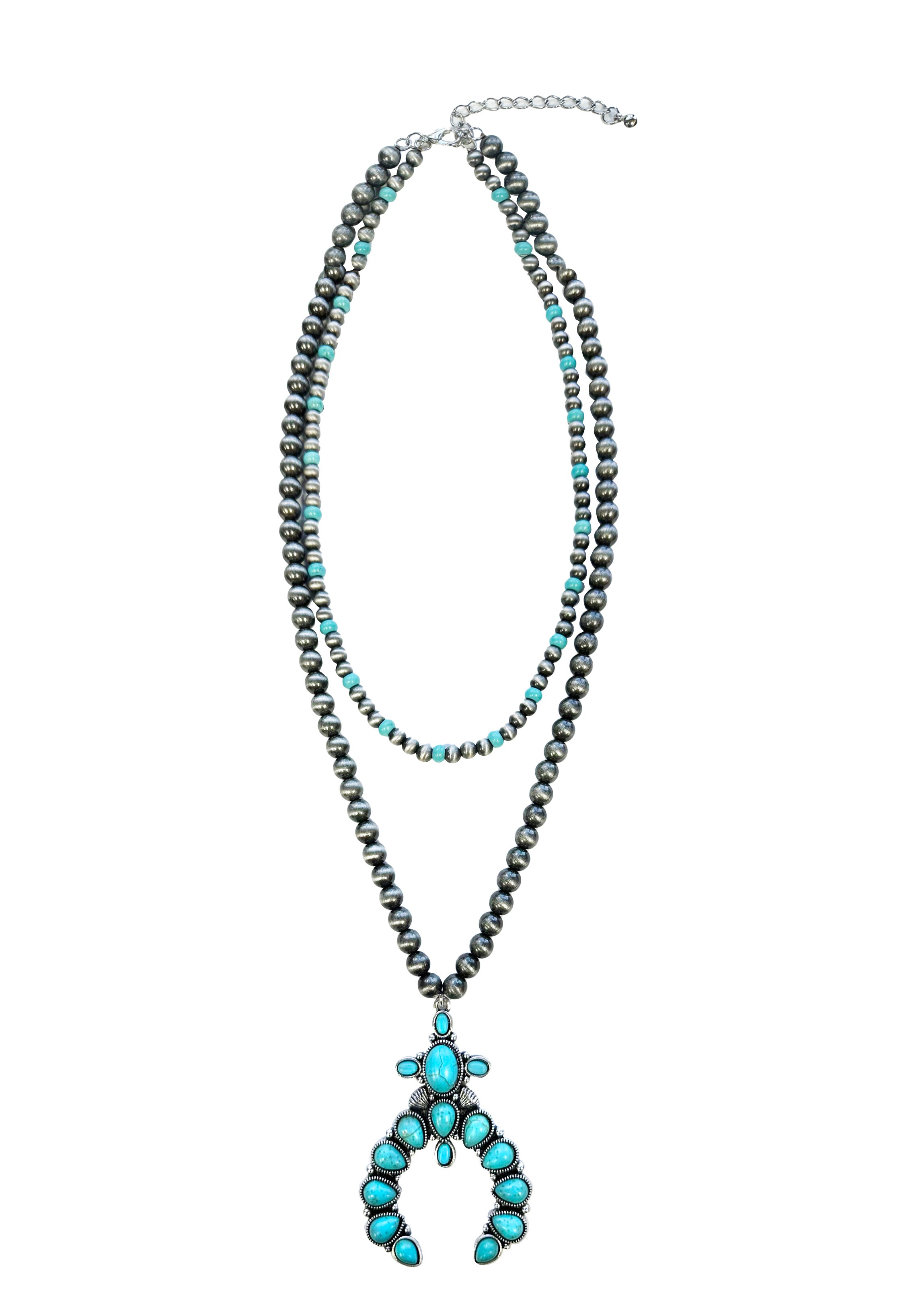 Silver and Turquoise Navajo Pearl Double Layer Squash Blossom Necklace