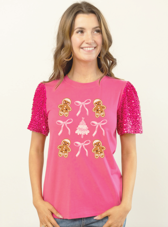 Gingerbread Bows on Pink Crewneck Tee with Sequin Sleeves