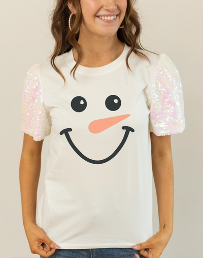 Snowman Face on White Crewneck Tee with Sequin Sleeves