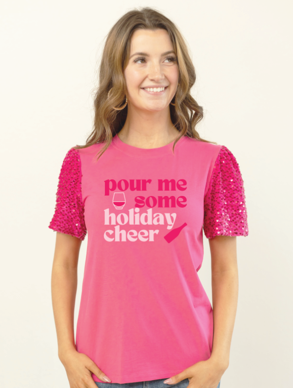 Pour Me on Sequins Puff Sleeve Top, Fuchsia