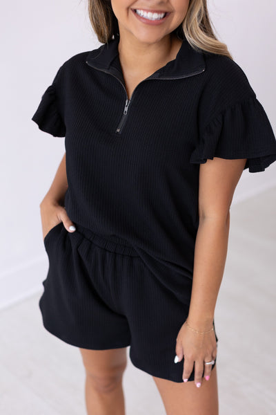 Black Quarter Zip with Flutter Sleeves