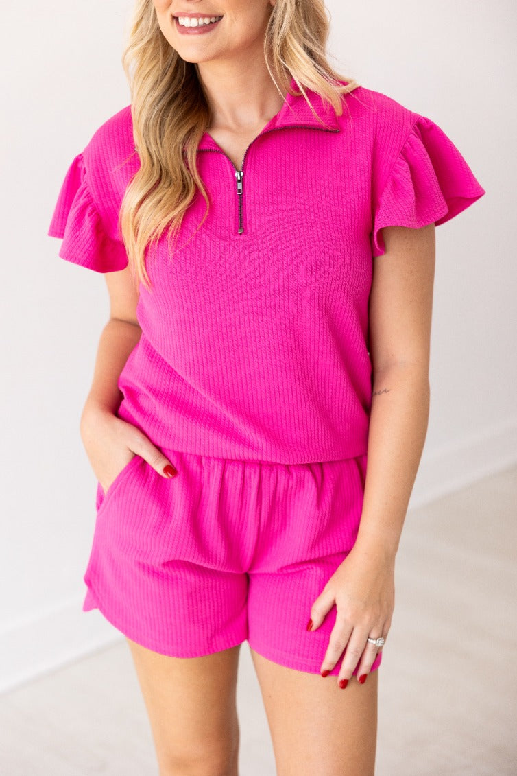Hot Pink Quarter Zip with Flutter Sleeves