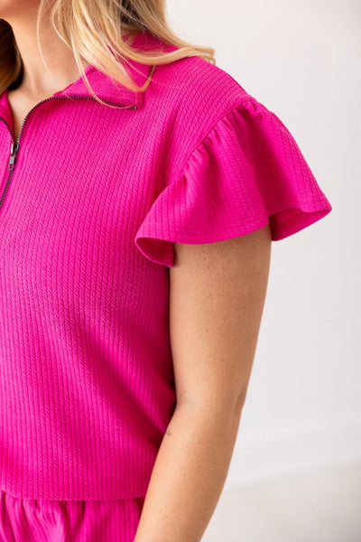 Hot Pink Quarter Zip with Flutter Sleeves