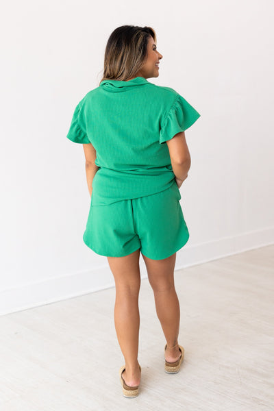 Kelly Green Quarter Zip with Flutter Sleeves