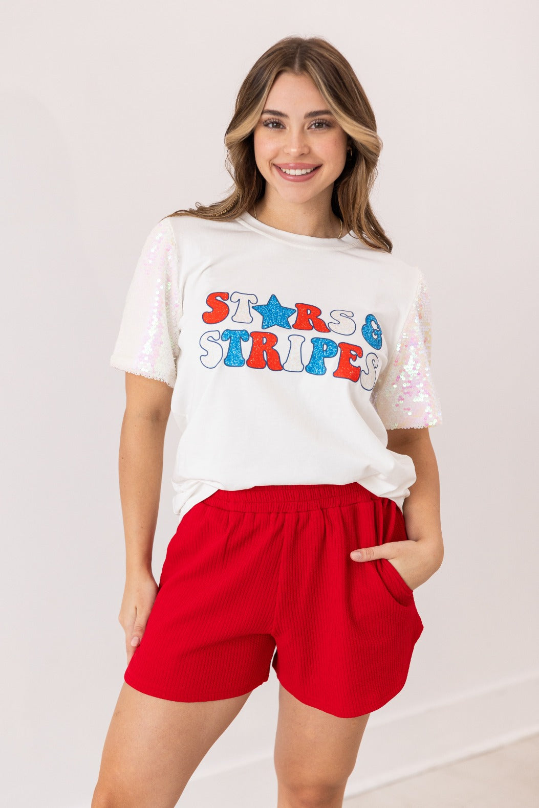 Stars & Stripes Glitter on Princess Top, White
