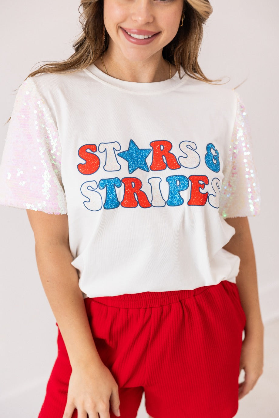 Stars & Stripes Glitter on Princess Top, White