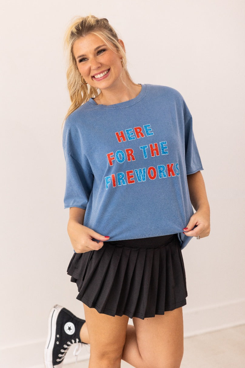 "Here For Fireworks" On Blue Relaxed Fit Tee