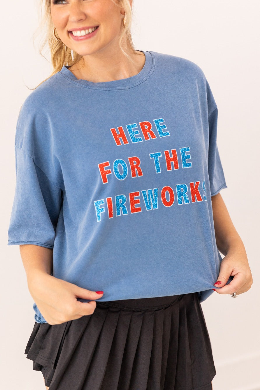 "Here For Fireworks" On Blue Relaxed Fit Tee