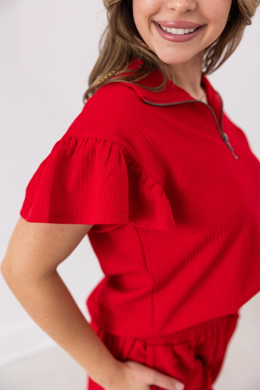 Red Quarter Zip with Flutter Sleeves