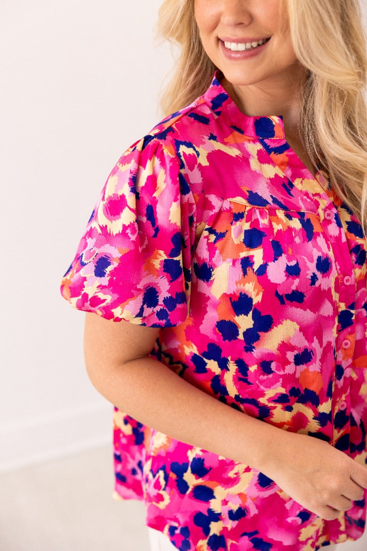 Pink & Purple Leopard Button-Up Blouse