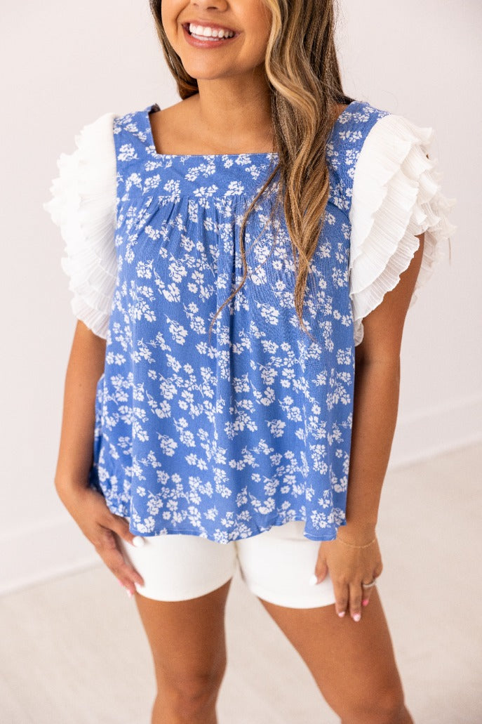 Blue Floral Blouse Ruffle Sleeve
