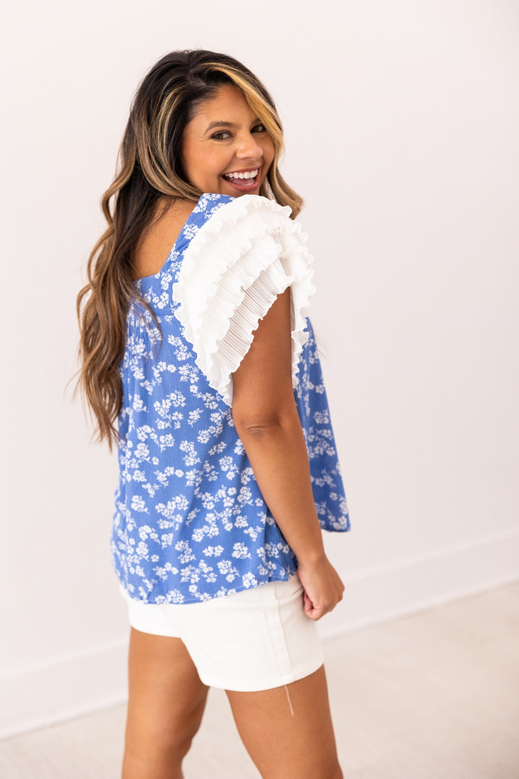 Blue Floral Blouse Ruffle Sleeve