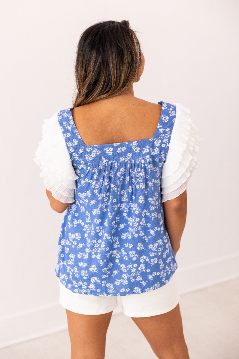 Blue Floral Blouse Ruffle Sleeve