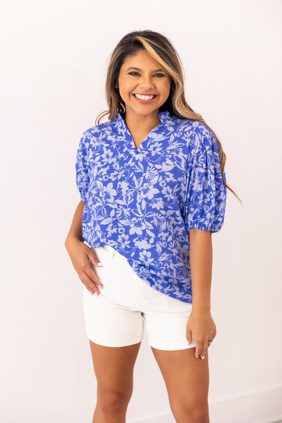 Blue Floral Puff Sleeve Blouse