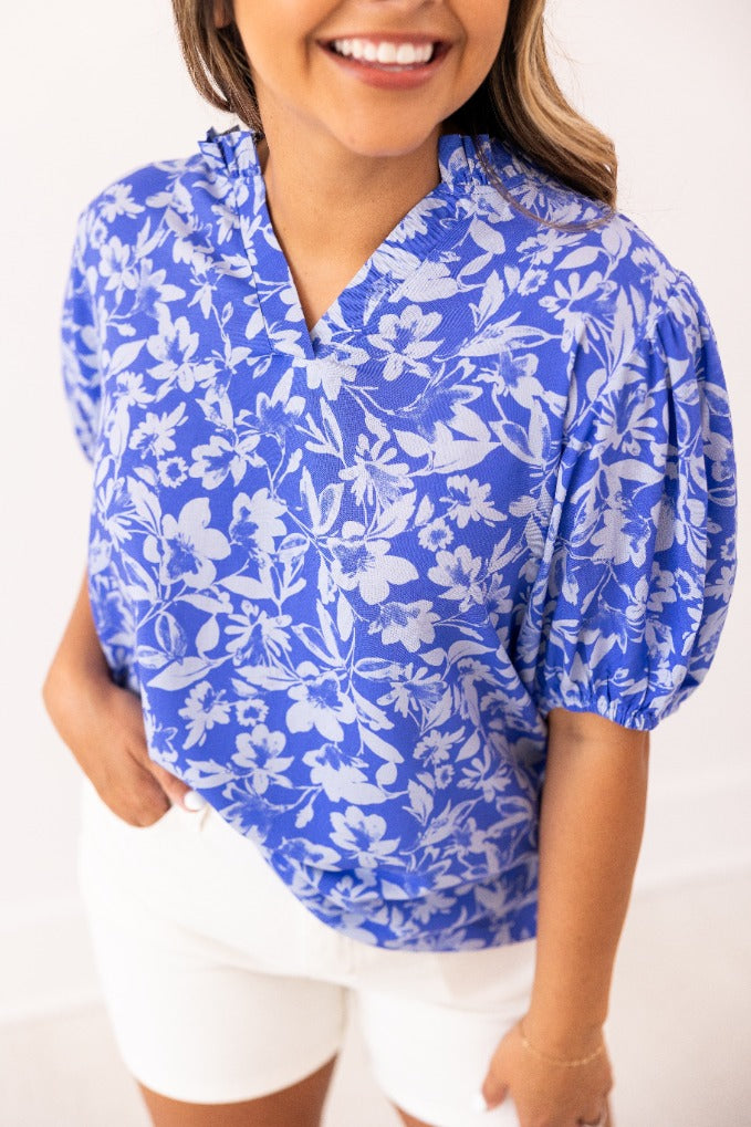 Blue Floral Puff Sleeve Blouse