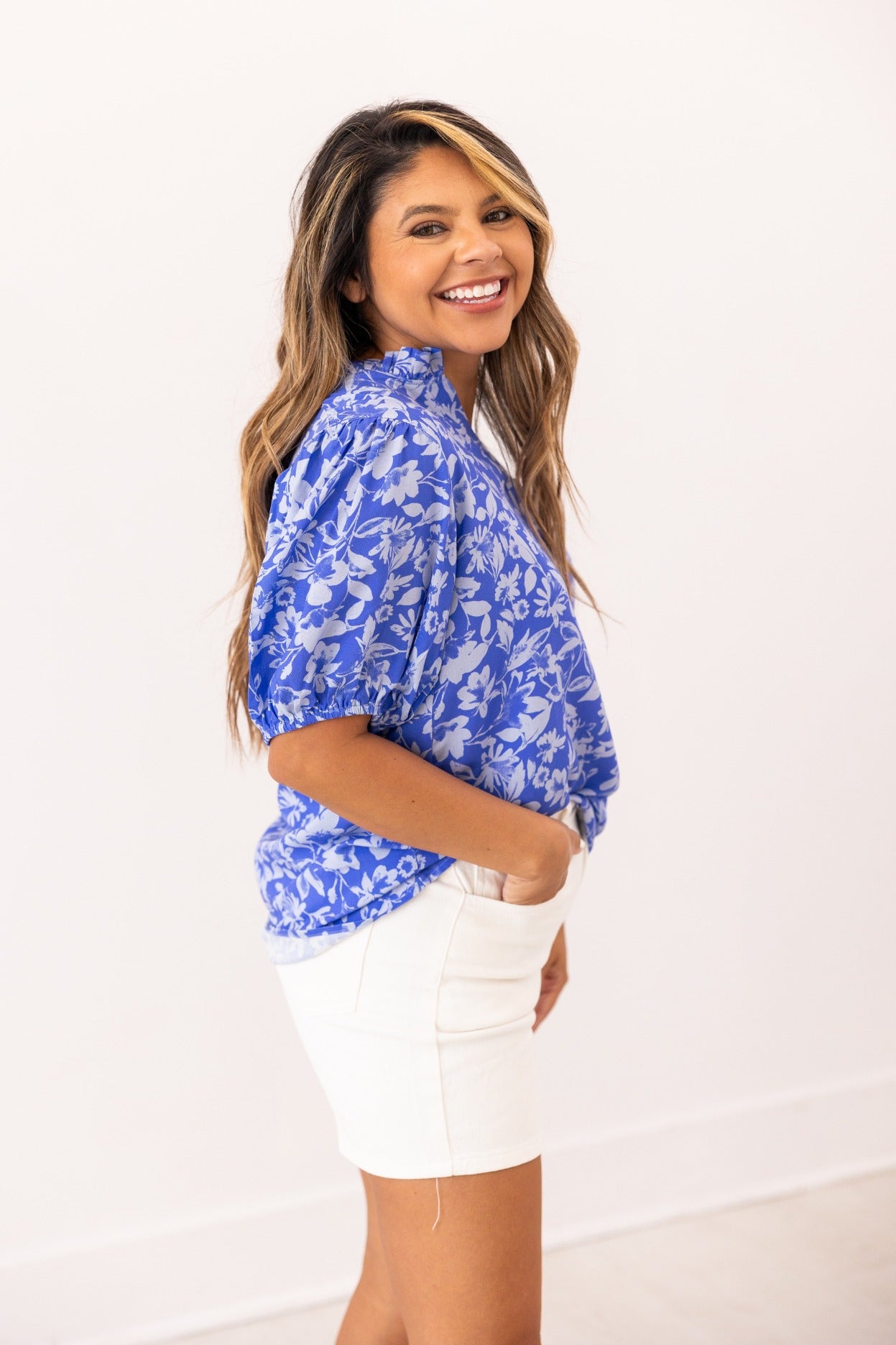 Blue Floral Puff Sleeve Blouse