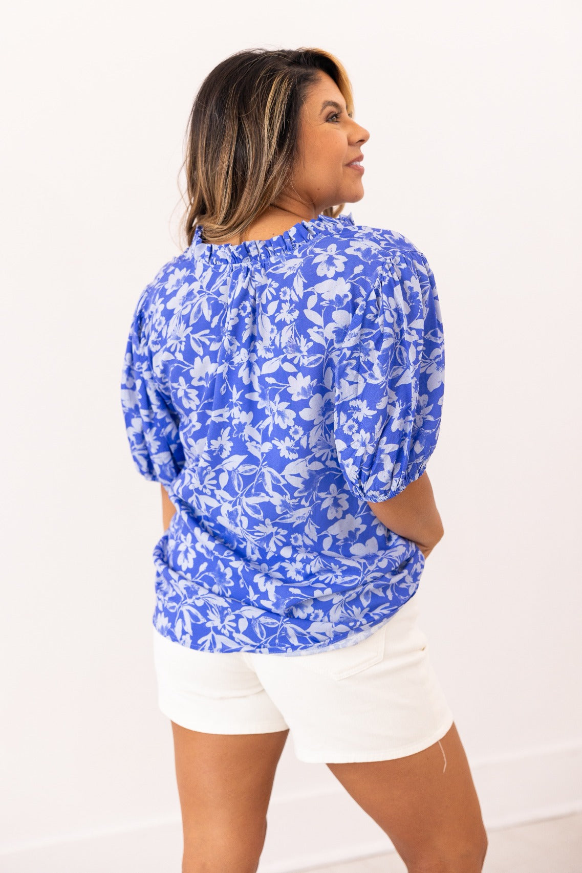 Blue Floral Puff Sleeve Blouse