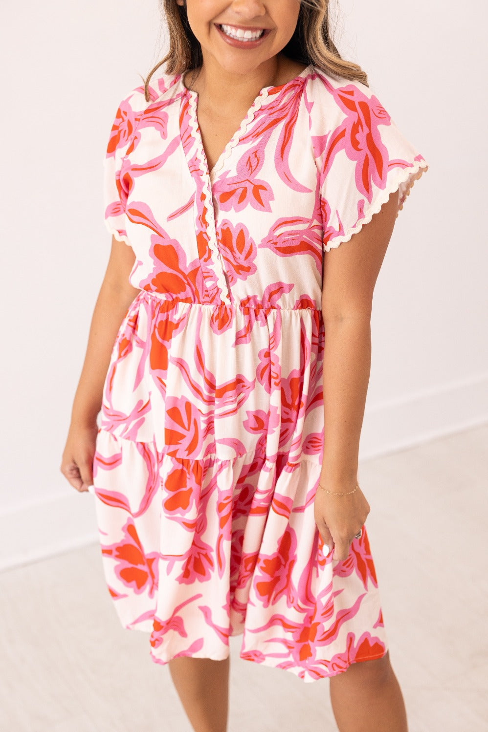 Pink Floral Dress Scallop Trim
