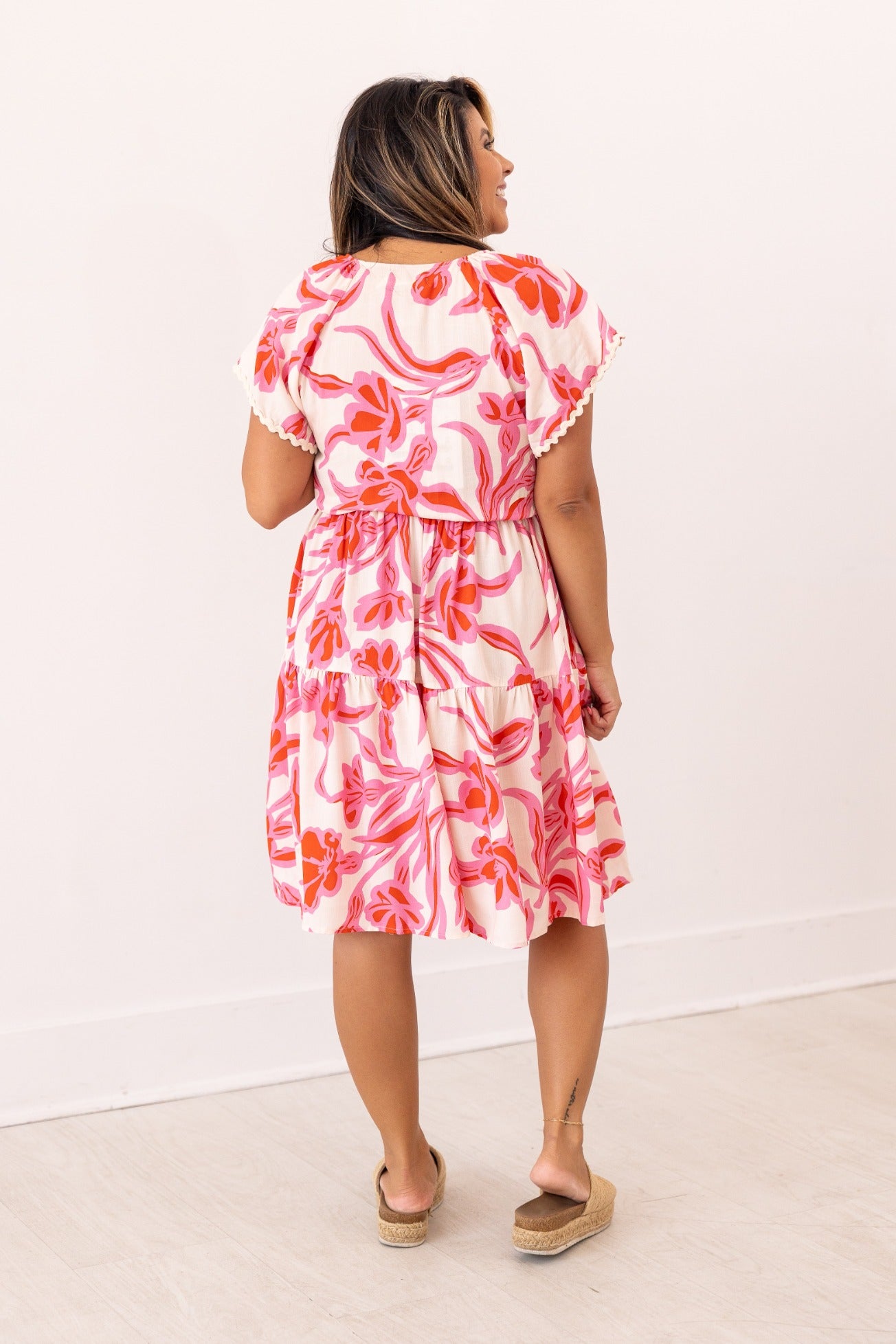 Pink Floral Dress Scallop Trim
