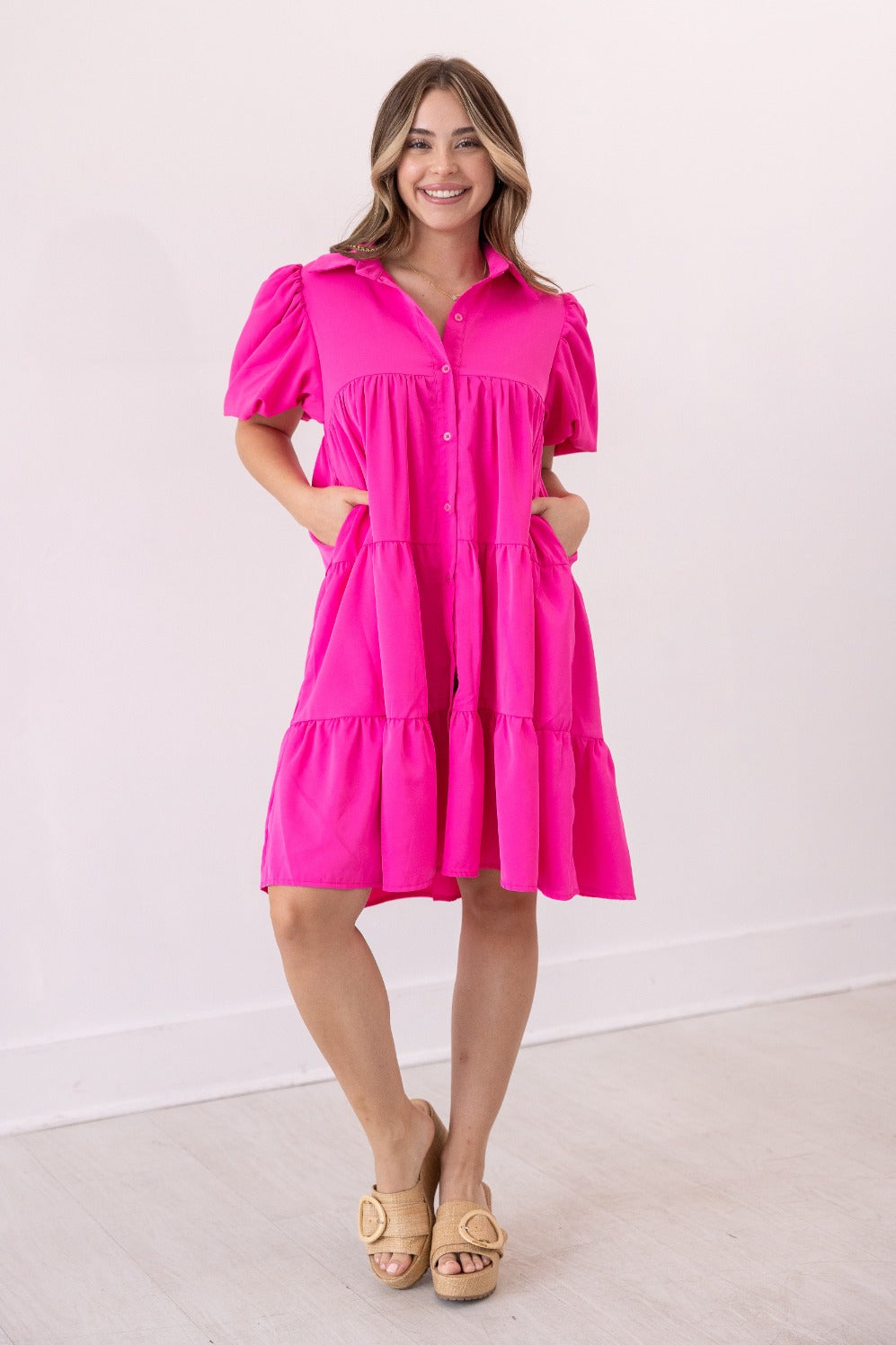Hot Pink Puff Sleeve Button-Up Dress