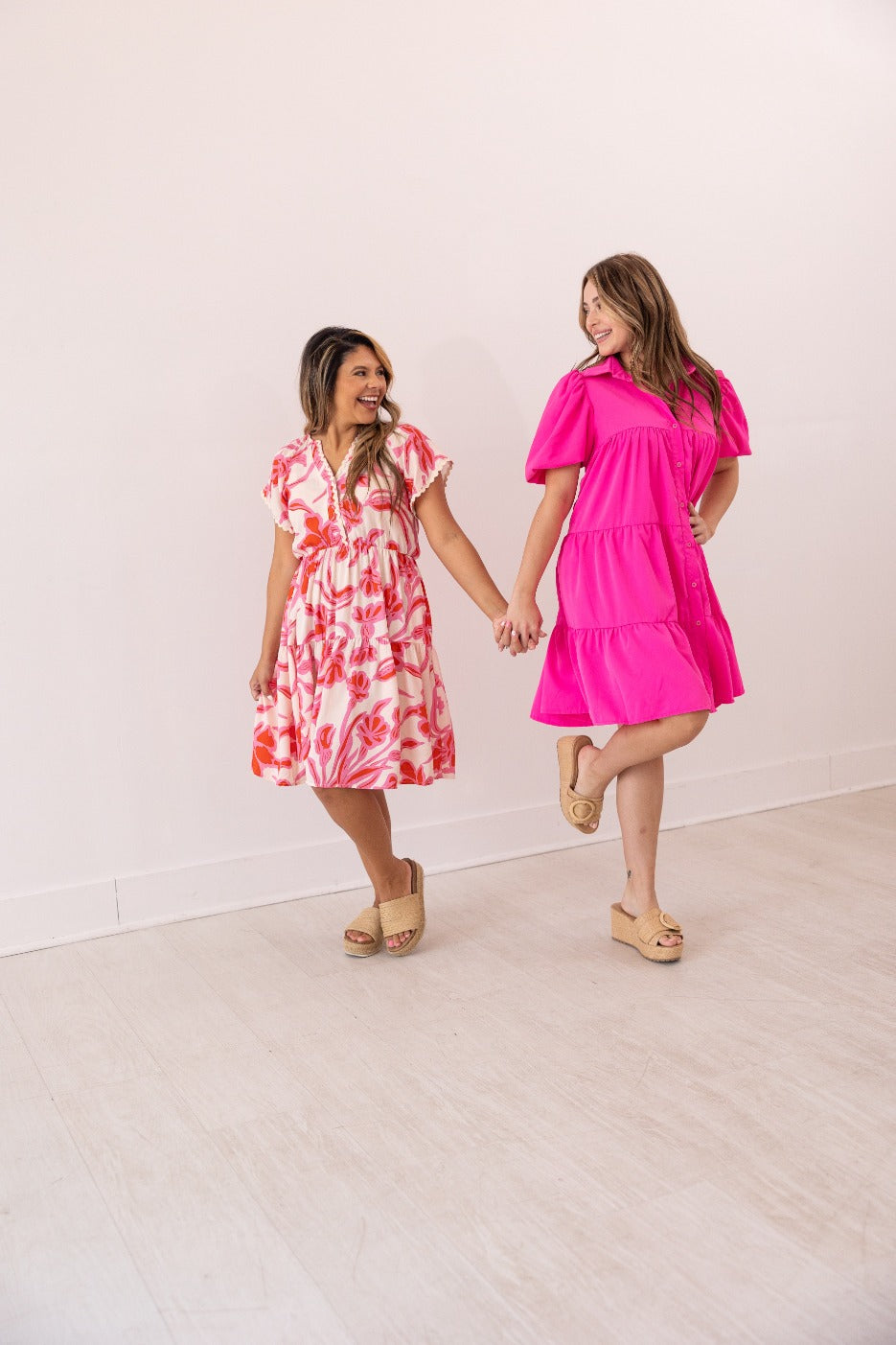 Hot Pink Puff Sleeve Button-Up Dress