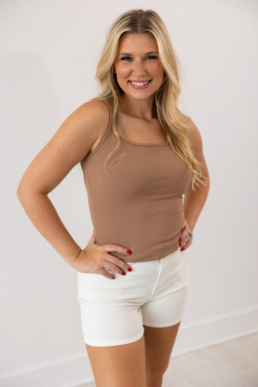 Bella Square Neck Rib Knit Tank Top, Tan