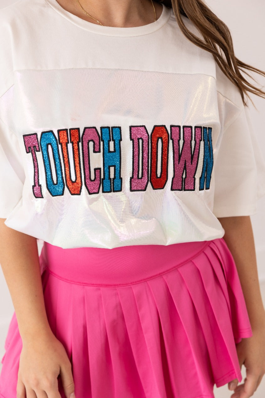 Glitter Touchdown graphic tee, a cute football game day outfit idea