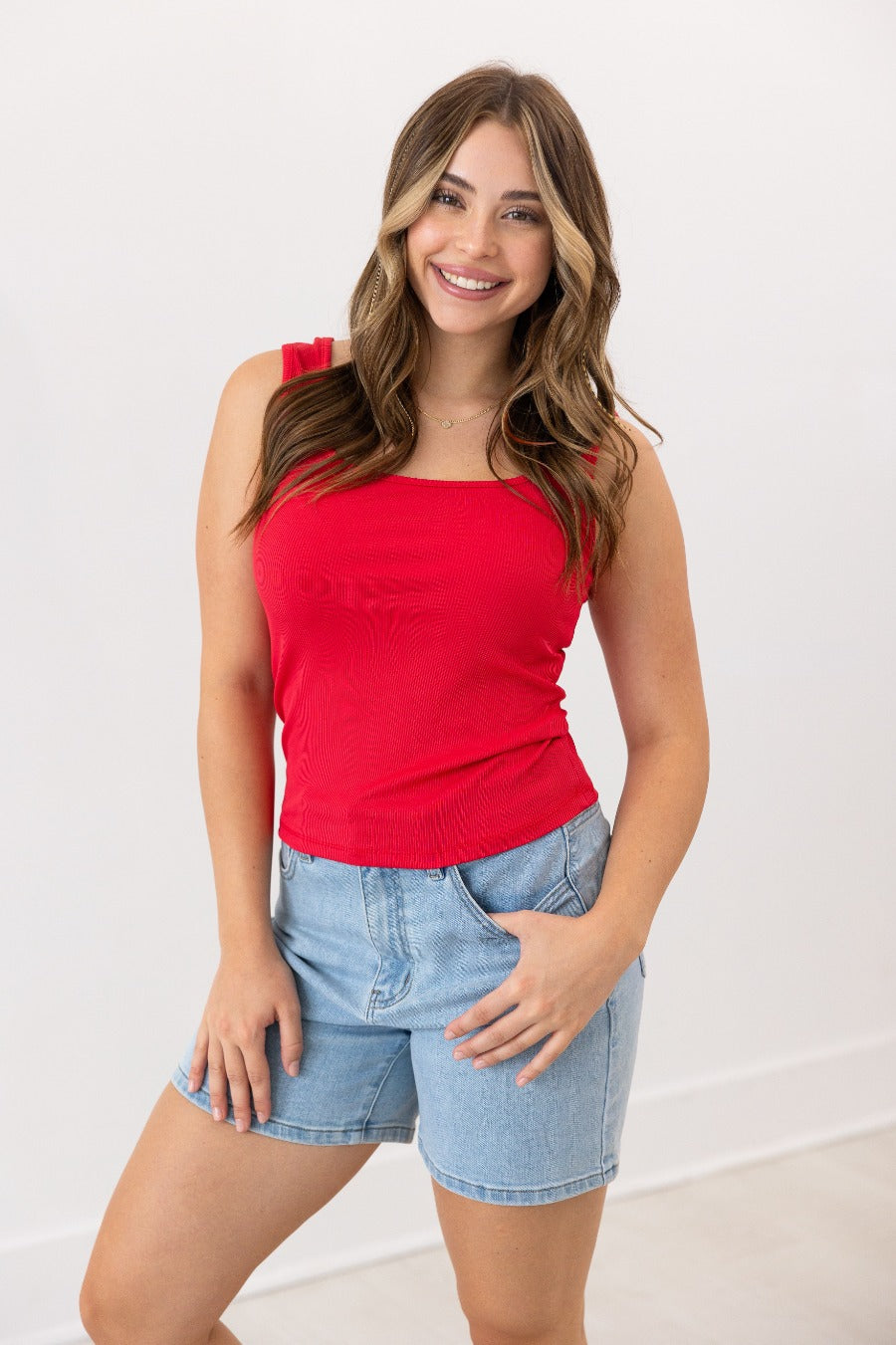 Bella Square Neck Rib Knit Tank Top, True Red